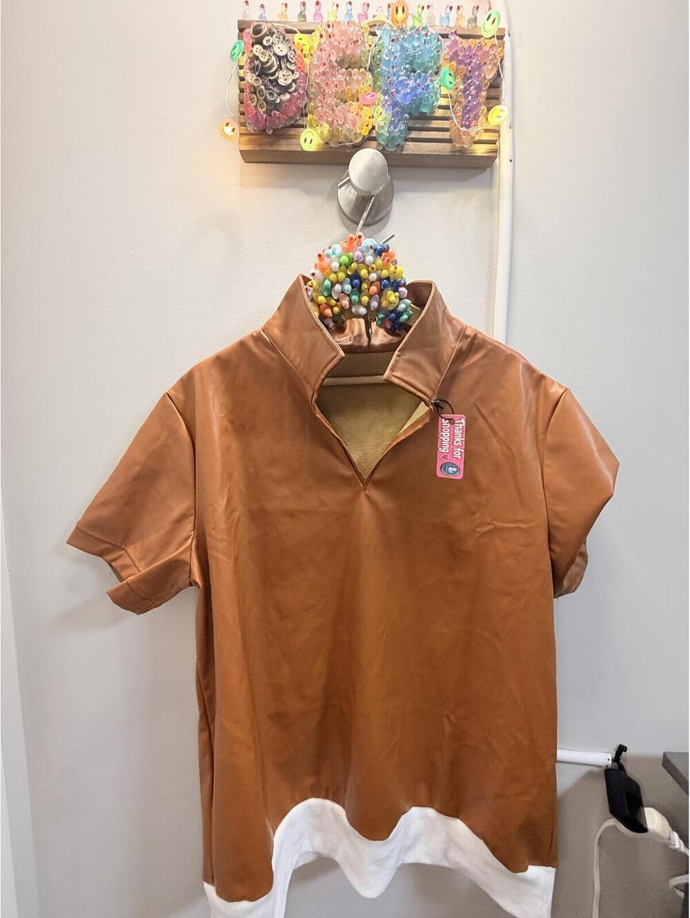 DeftDuck Brown Faux Leather Short Sleeve Polo Shirt with White Hem